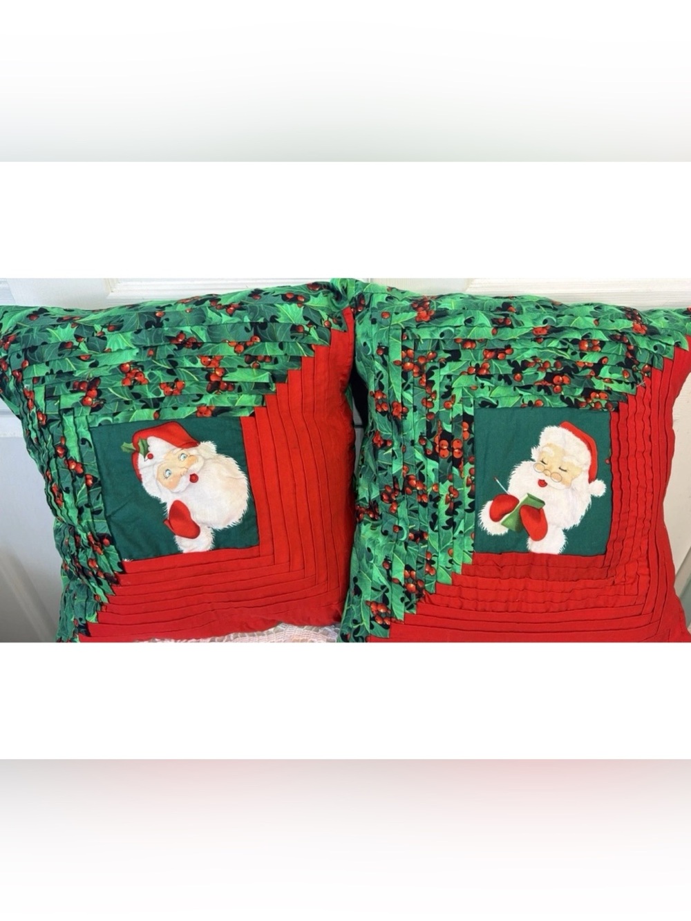 Vintage 80s Set Of 2 Handmade Christmas Patchwork Quilt Santa Throw pillows 17”